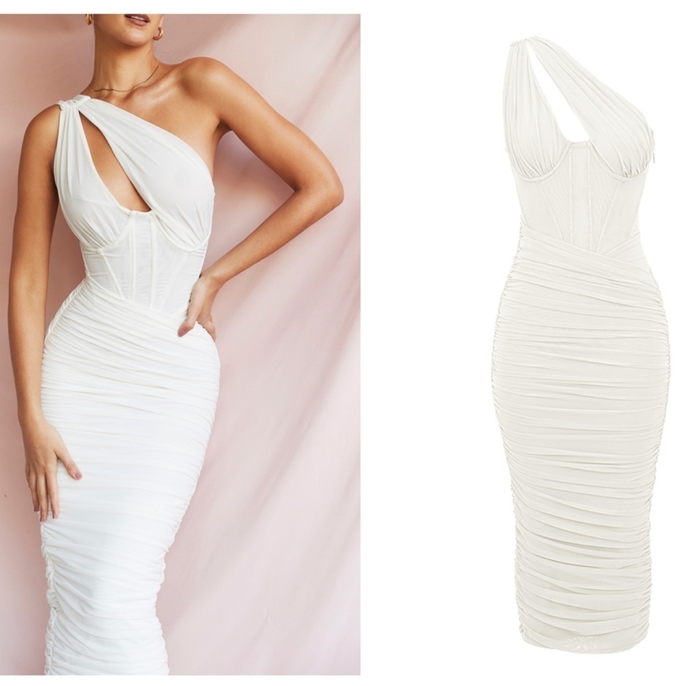 HOUSE OF CB XS D-DD  'Valentina'‎ Ivory white Asymmetric Cutout Midi Dress NWOT